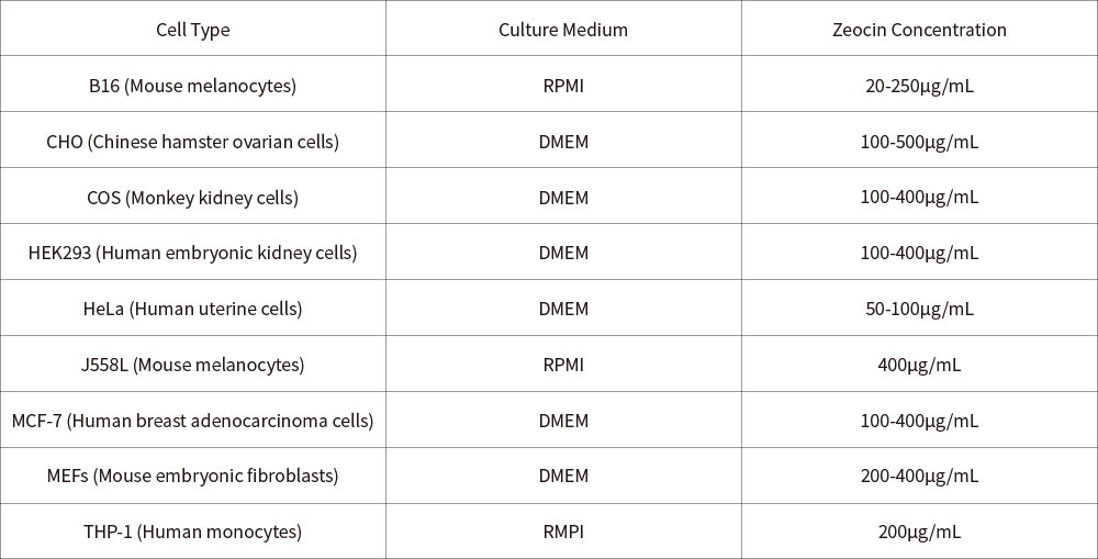 表1. 部分常見哺乳動(dòng)物細(xì)胞的Zeocin推薦篩選濃度表