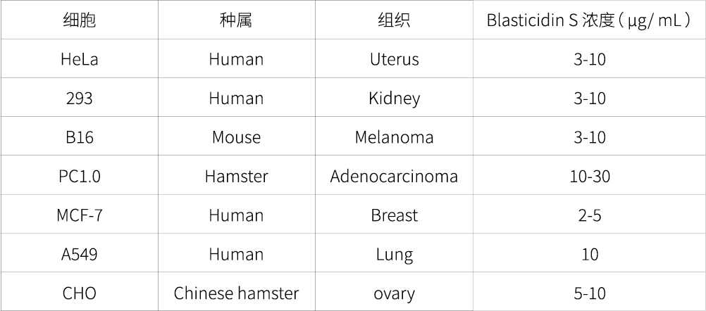 一些哺乳動物細胞的建議工作濃度bsd